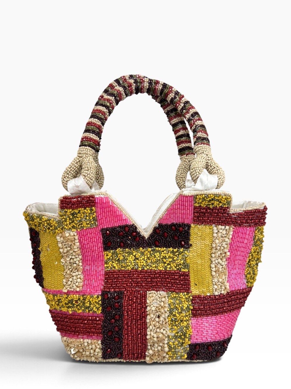 Handcrafted Patchwork Beaded Gold Pink Burgundy Multi Tote Bag